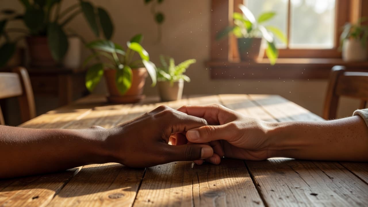Dos manos entrelazadas con luz cálida que simbolizan el amor incondicional y profundo
