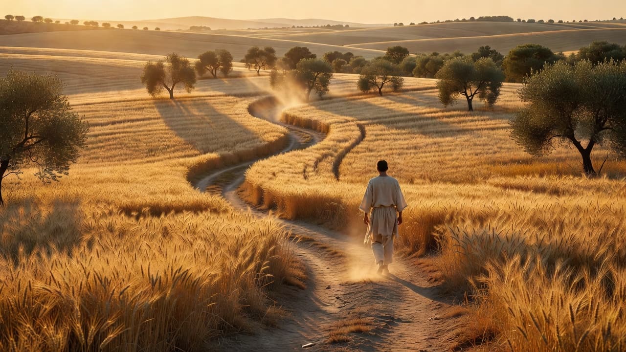Paisaje rural al atardecer con campos de trigo y un camino de tierra que evoca las historias que Jesús contaba