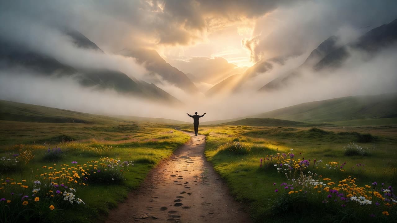Persona caminando hacia la luz del amanecer en un sendero entre montañas, representando el camino de regreso a la fe