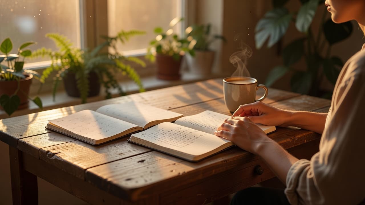 Persona sentada junto a una ventana con luz cálida del amanecer, organizando páginas y notas sobre una mesa de madera