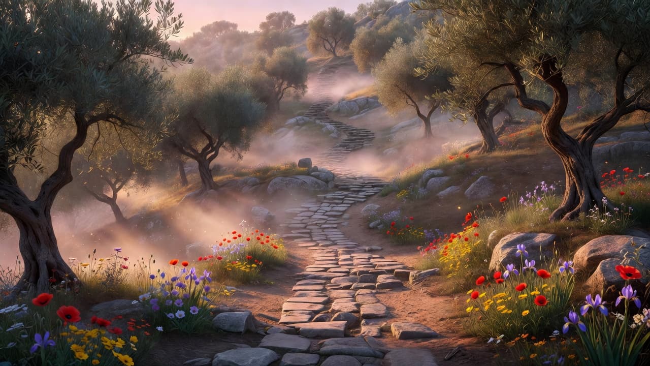 Camino de piedra antiguo iluminado por la luz del amanecer, evocando los últimos pasos de un viaje trascendental