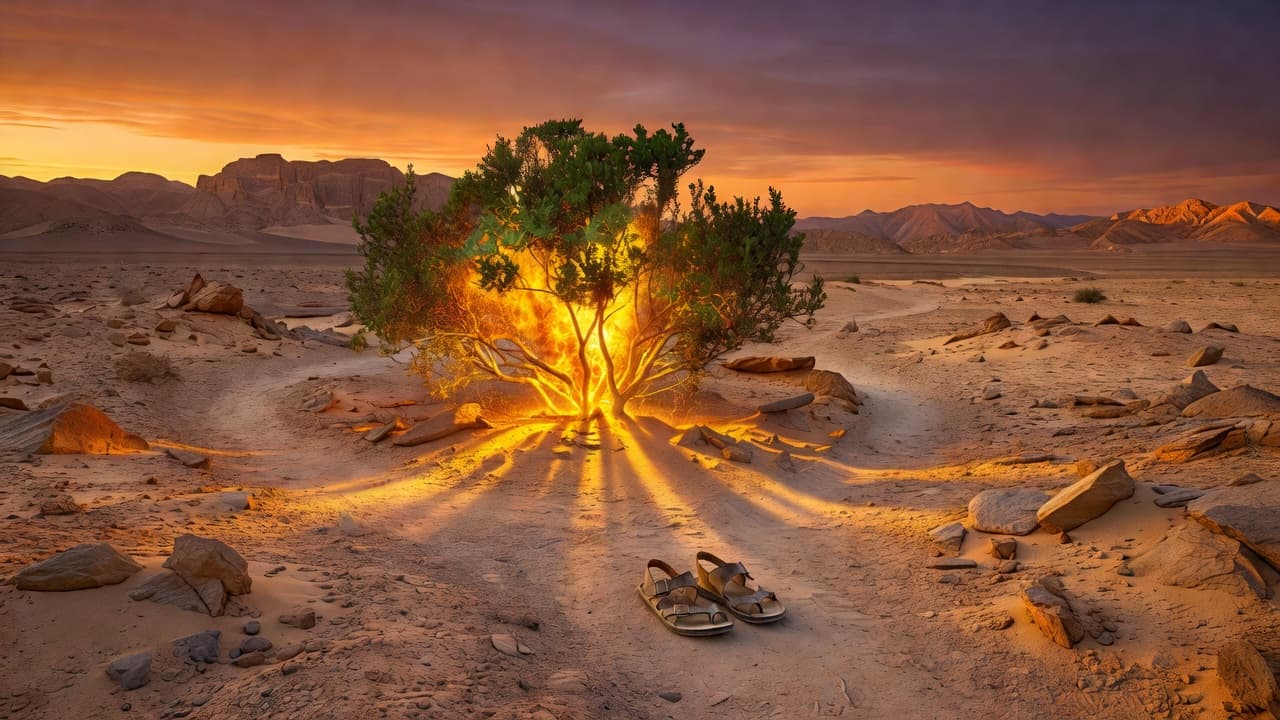 Un arbusto iluminado por un resplandor intenso en medio de un paisaje desértico al atardecer