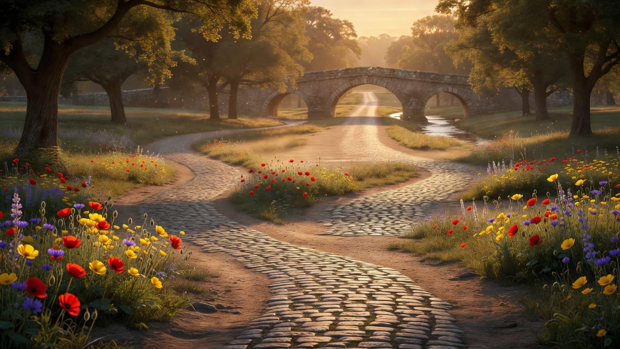 Escena evocadora de dos caminos que convergen, representando la unión de dos legados en una misma obra
