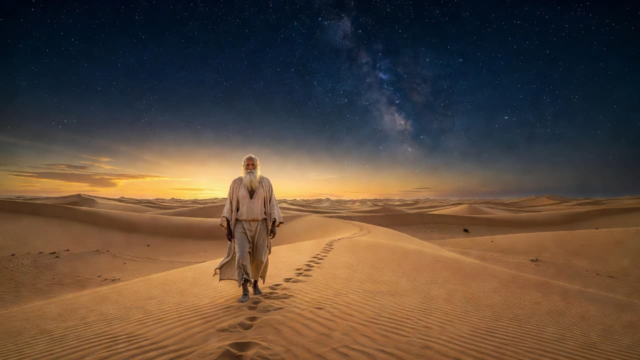 Anciano caminando por un desierto extenso bajo un cielo estrellado, evocando el viaje de Abraham hacia lo desconocido