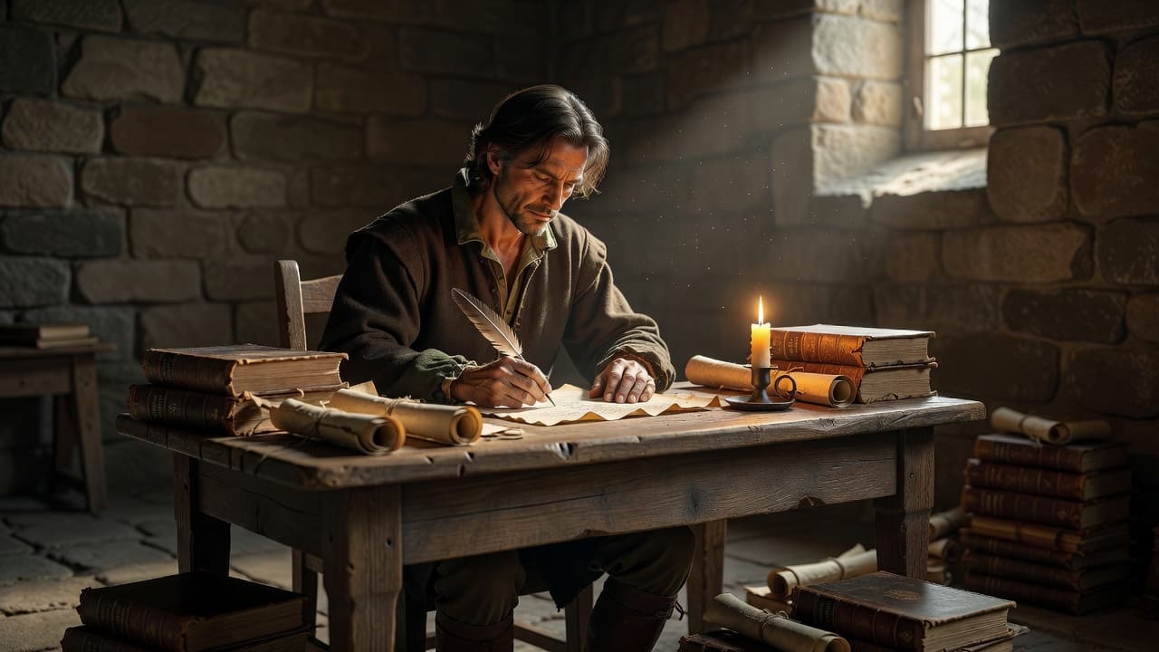 Escena evocadora de un erudito del siglo XVI trabajando a la luz de una vela sobre manuscritos antiguos