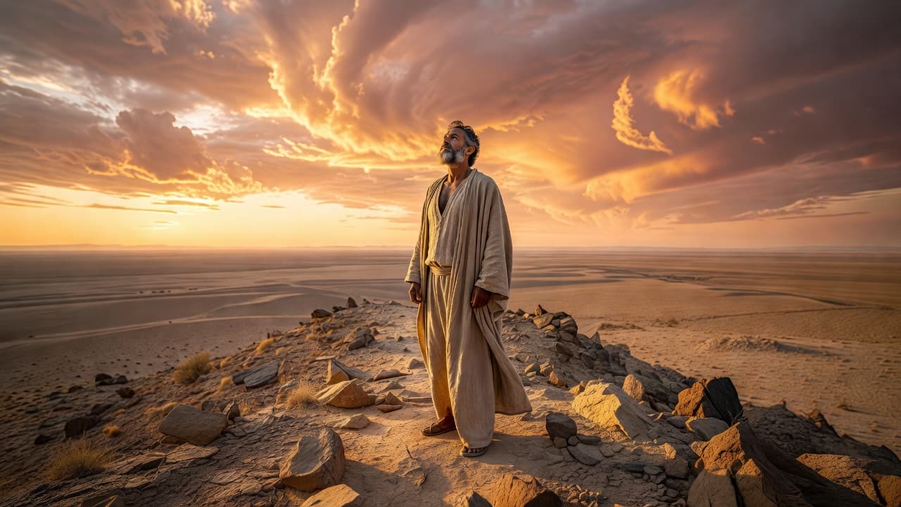 Hombre maduro contemplando el horizonte al amanecer desde un cerro desértico, evocando la visión y esperanza del profeta Isaías