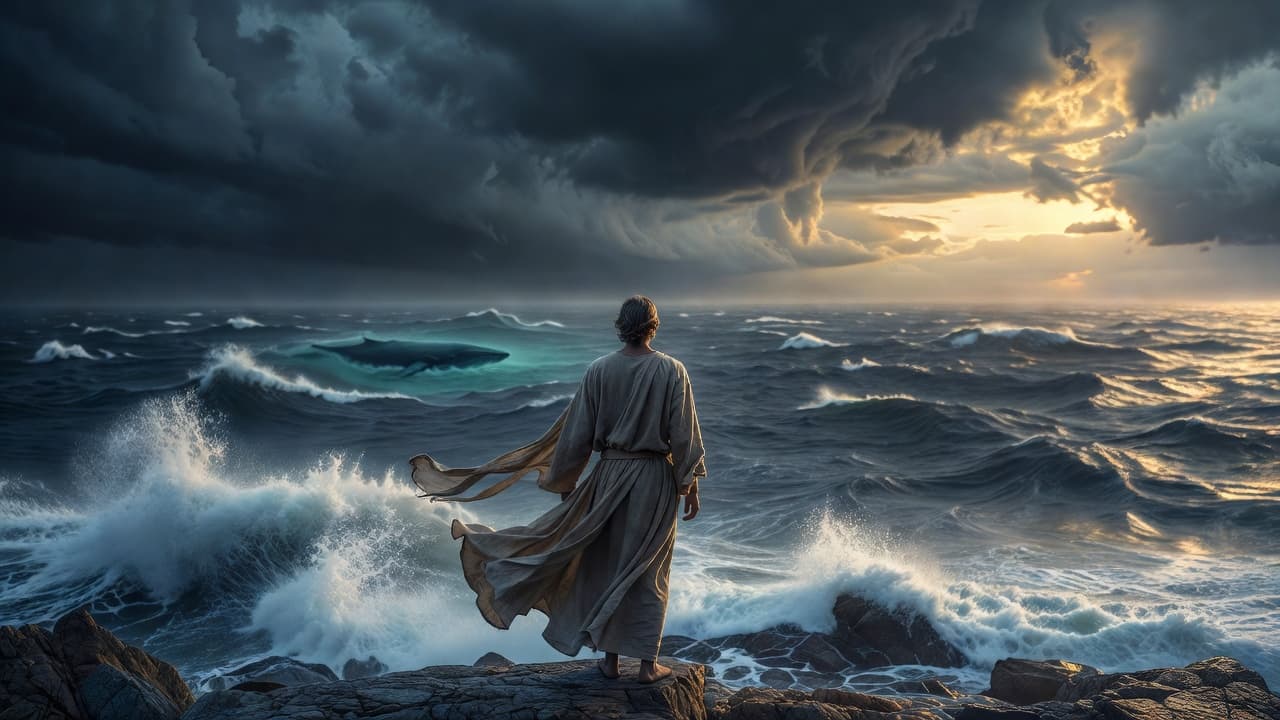 Un hombre solitario frente al mar contemplando el horizonte bajo una luz dorada, evocando la historia de Jonás