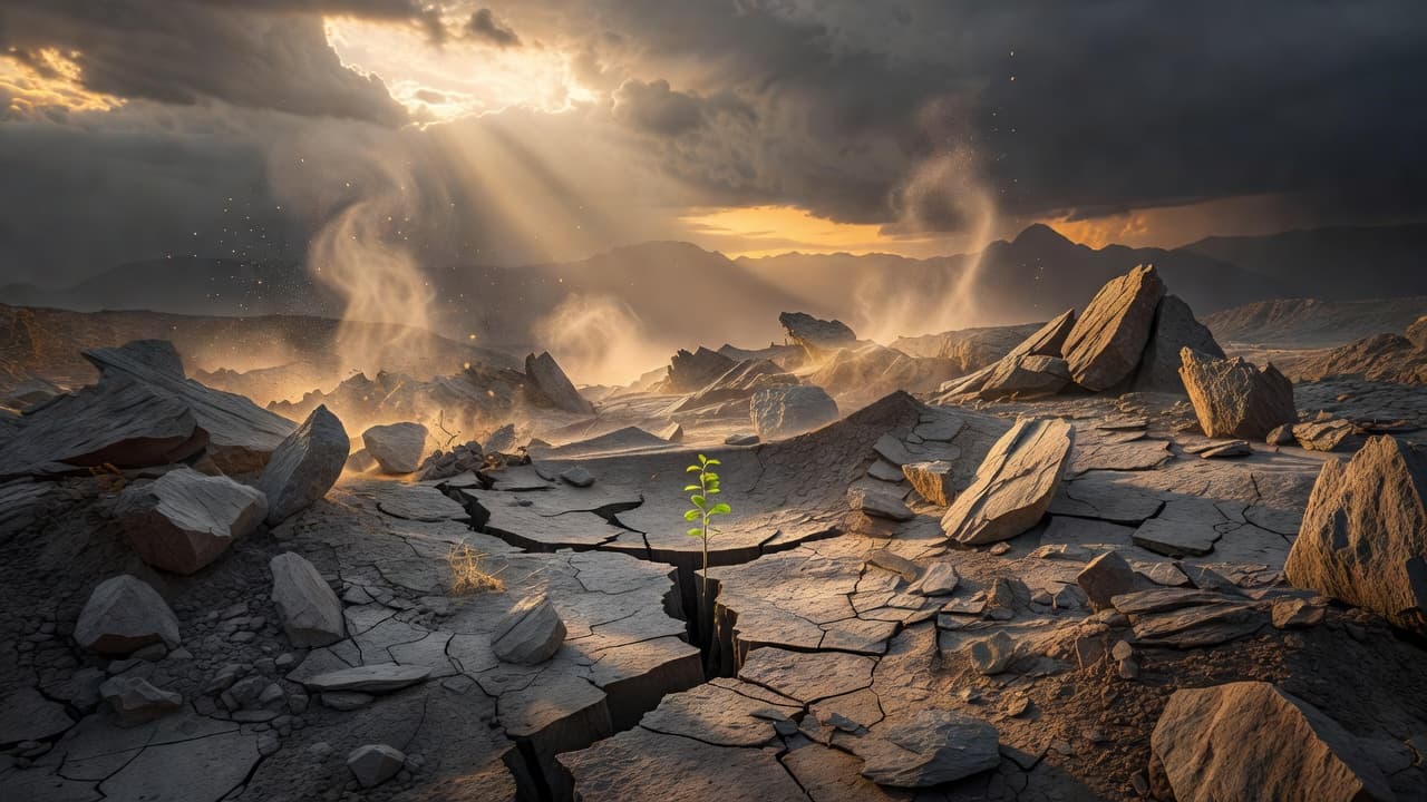 Paisaje de montañas agrietadas al amanecer con luz cálida filtrándose entre las nubes