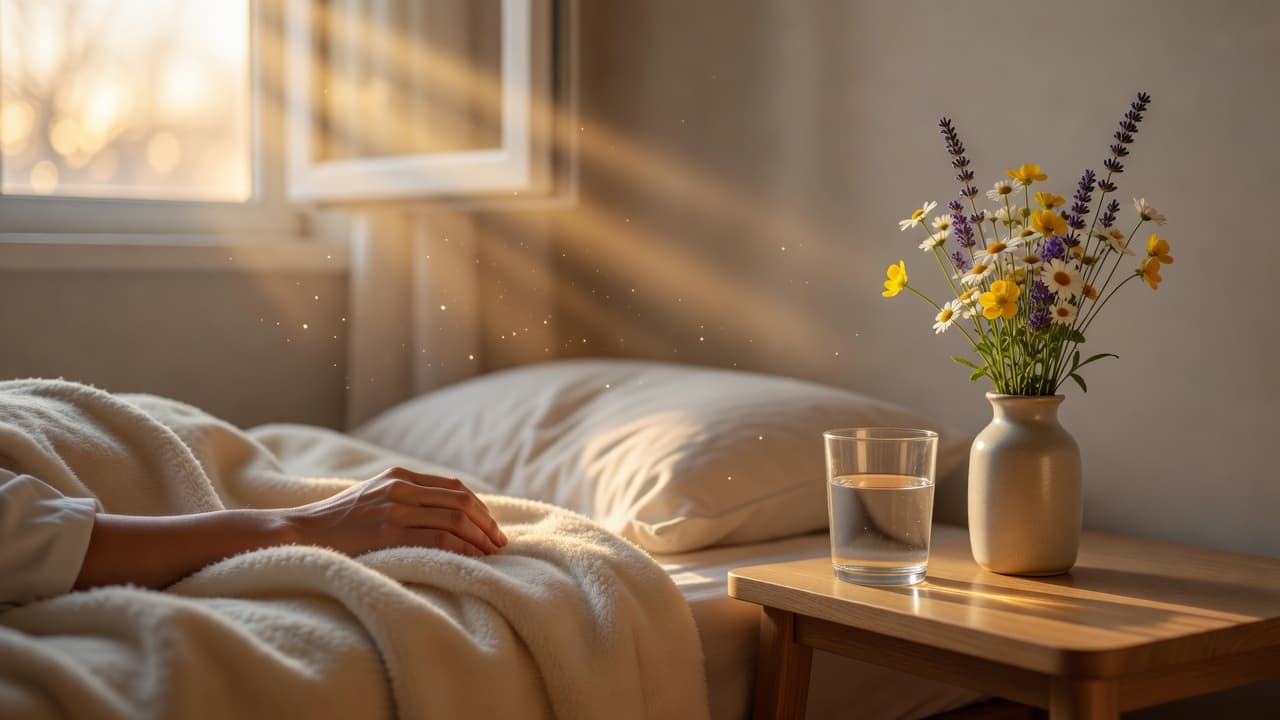 Luz cálida del amanecer entrando por una ventana mientras una mano descansa sobre una manta suave, evocando esperanza en medio de la enfermedad