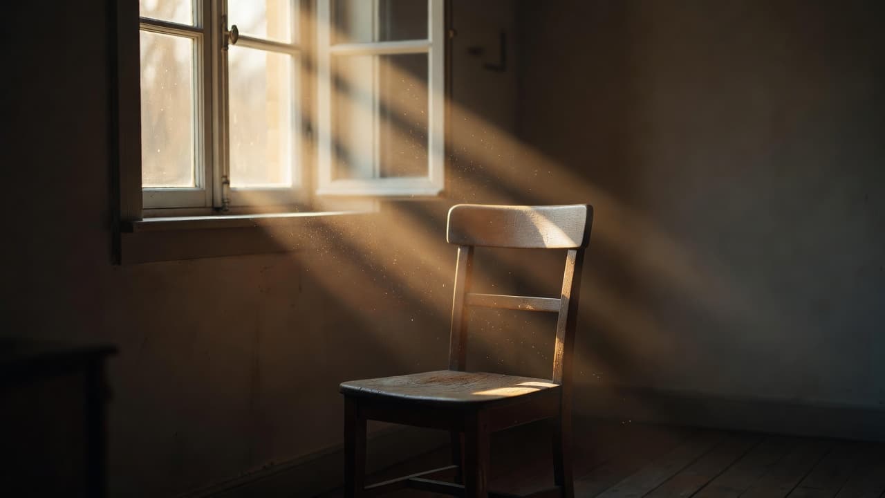 Luz cálida del amanecer entrando por una ventana hacia una habitación en penumbra, evocando esperanza y renovación